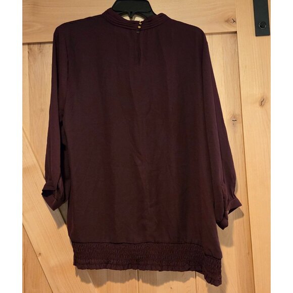 New! NY & Co Size L Burgundy Gold Side Button High Neck Blouse Old Money Smocked - Picture 2 of 15